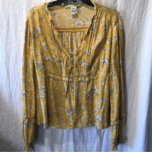 American Rag et Cie peasant blouse bohemian floral gold and light blue L